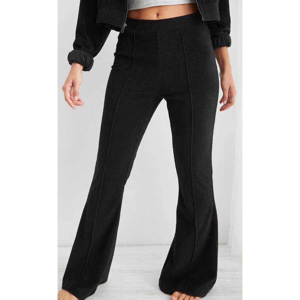 Aerie Ribbed Velour Corded Groovy Flare Leggings Pants Black XS